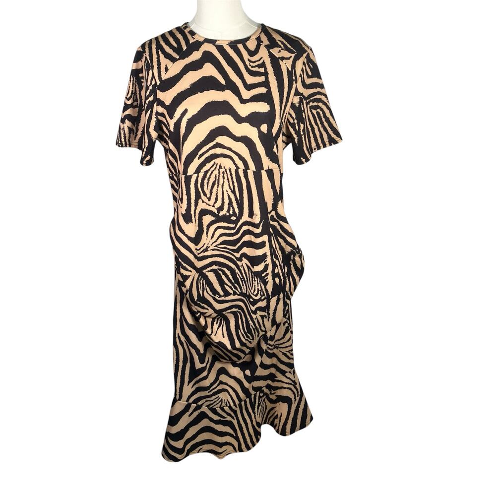 Queen B Maternity‎ Animal Print Midi Dress Tan Black Size 16 Short Sleeve Zip
